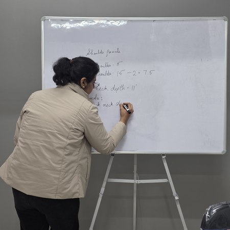 Faculty teaching pattern-making formula on whiteboard
